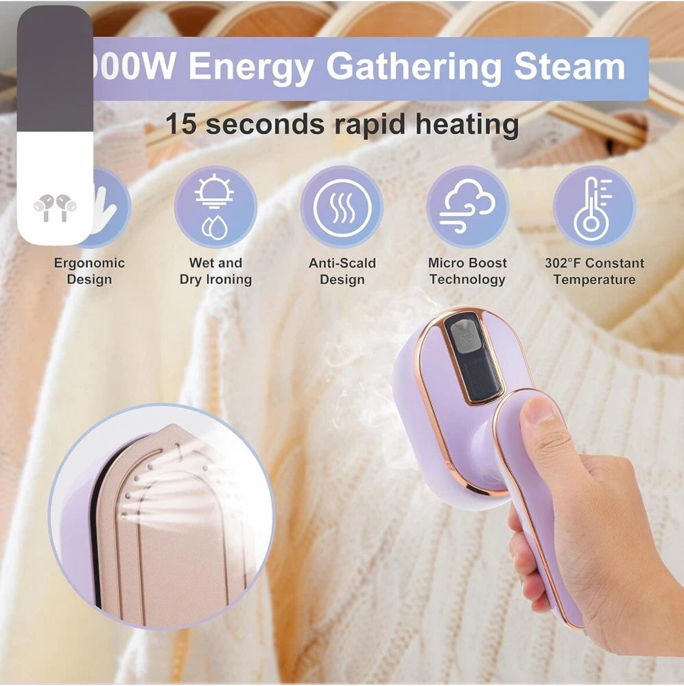 Mini Steam Iron, 1000W Foldable Handheld Travel Steamer Iron 15s Fast Heat Up