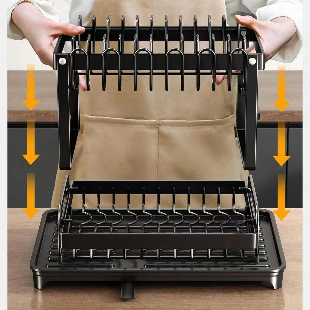 2 Tier Dish Drainer Rack with Drip Tray Cutlery Holder Plate Racks Kitchen Sink