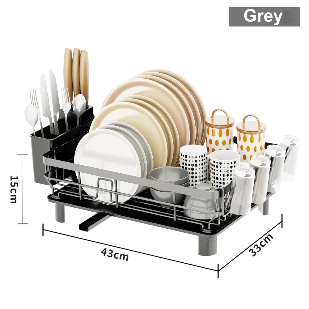 Kitchen Dish Drainer Plate Drying Rack with Drip Tray Cup Cutlery Utensil Holder