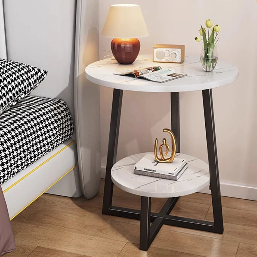 2-Tier Coffee Table Side Table White Marble Effect End Table LivingRoom Round