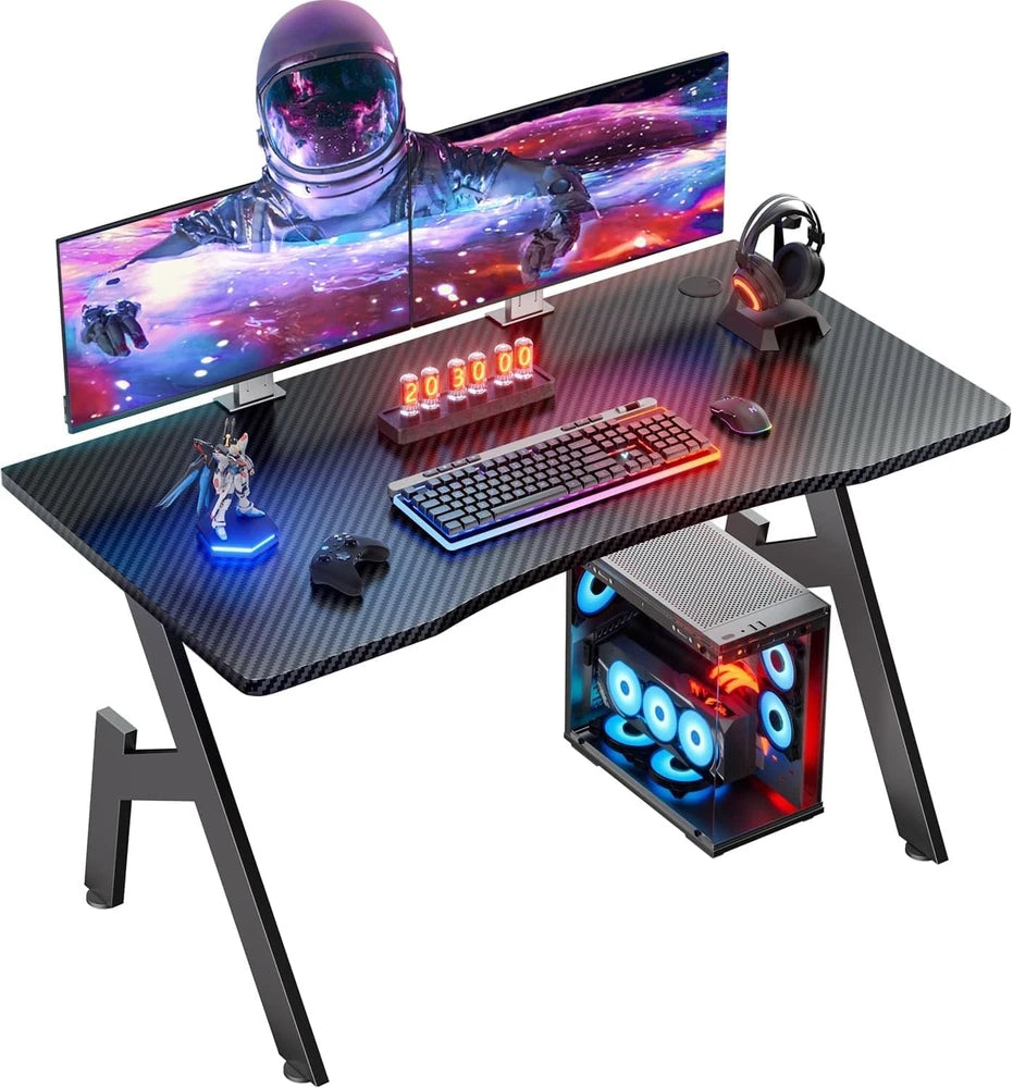 Gaming Desk Computer Gaming Table w/ Mouse Pad Cup Holder & Headphone Hook Black