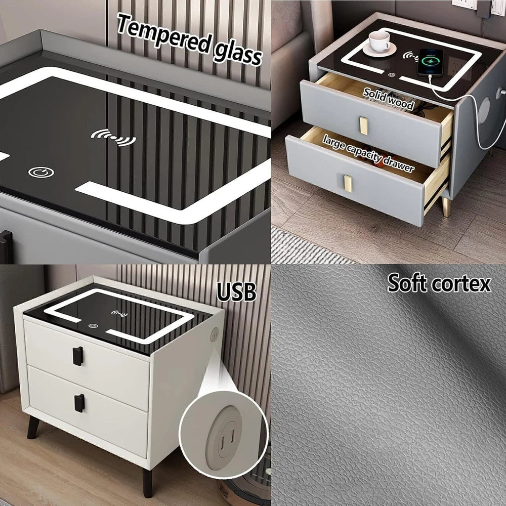 Bedside Charging with Smart Table Drawers Bedroom Modern 2 Phone Furniture Light