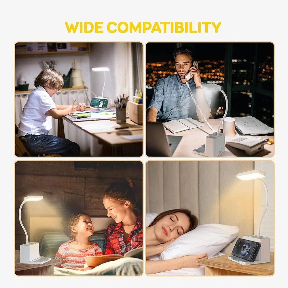 LED Desk Lamp Pen Phone Holder USB Rechargeable Bedroom Reading Light Dimmable