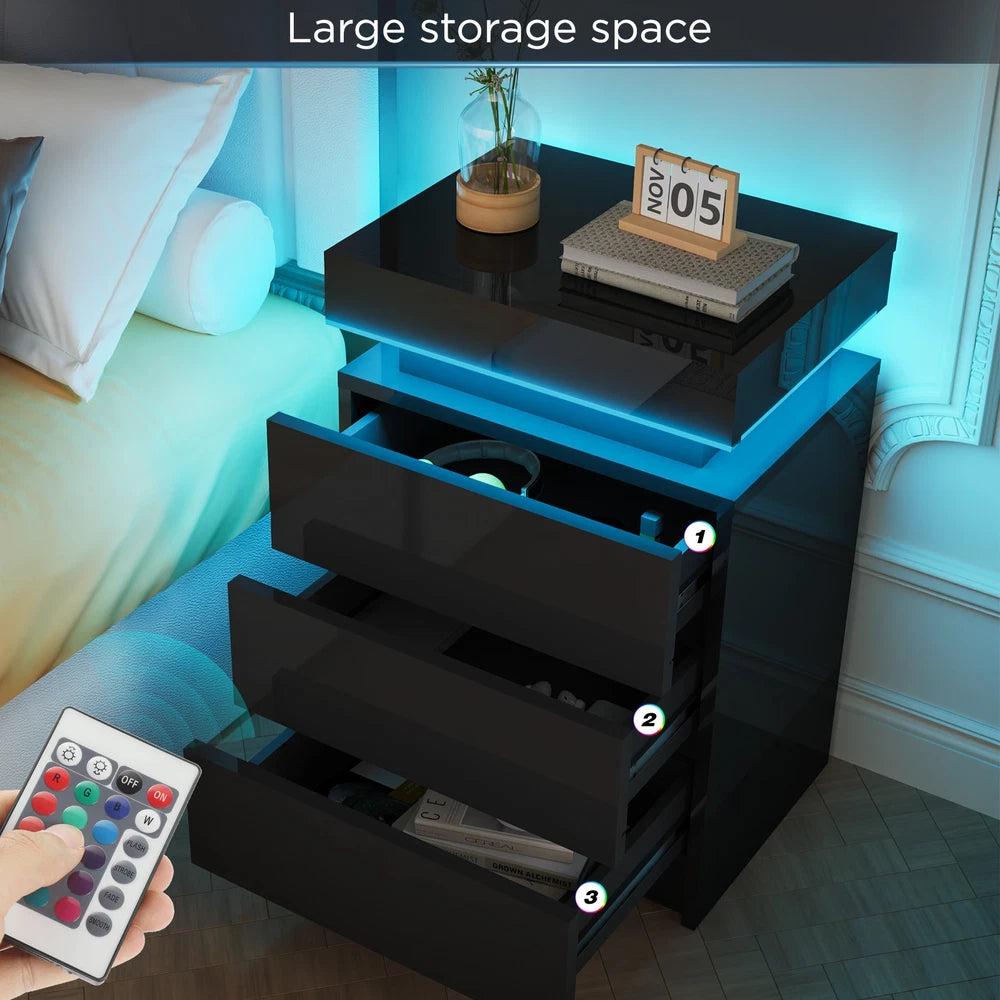 High Gloss 2/3 Drawer Bedside Table Cabinet LED RGB Light Storage Nightstand