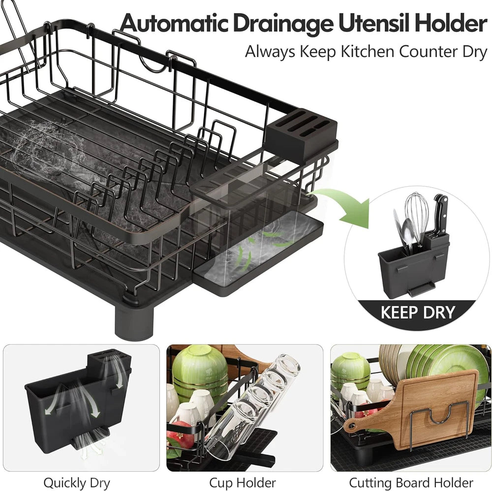 Kitchen Dish Drainer Plate Drying Rack with Drip Tray Cup Cutlery Utensil Holder