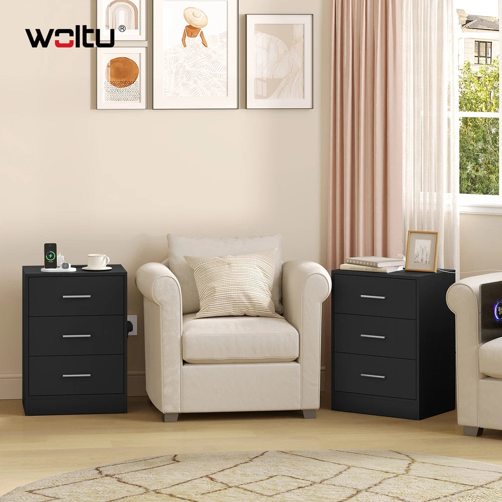 1/2x Bedside Table Cabinets w/ Charging Station Nightstand Storage Unit 3 Drawer