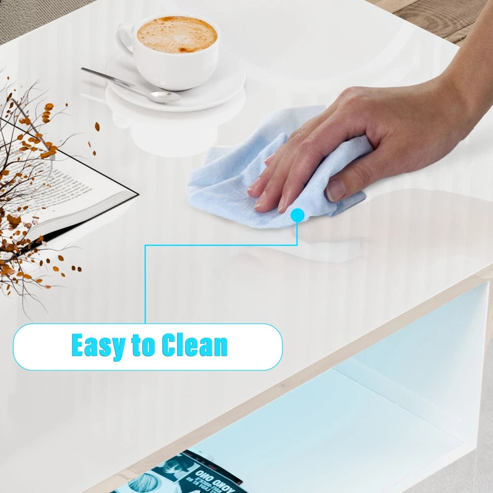 LED Coffee Table Wooden 2 Drawer Storage High Gloss Modern Living Room Furniture