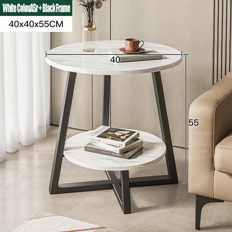 2-Tier Coffee Table Side Table White Marble Effect End Table LivingRoom Round