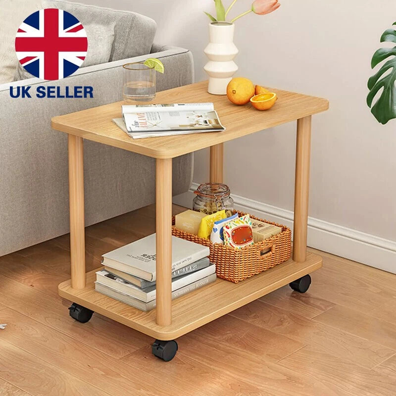2 Tier Side Table Sofa Small Coffee End Table Storage Shelf on Wheel Living Room