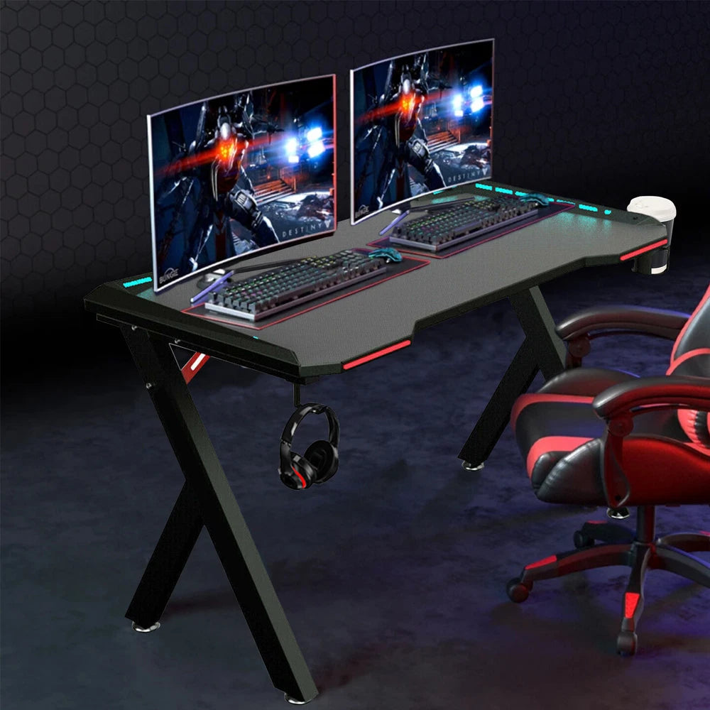 XXL Gaming Desk RGB LED Computer Racing Table Carbon Fiber PC Gamer Workstation