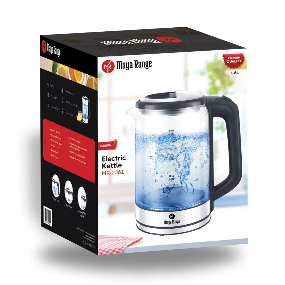 Maya Range Electric 1.8L Cordless Blue LED Glass Kettle 2200W Safe Auto Shut Off