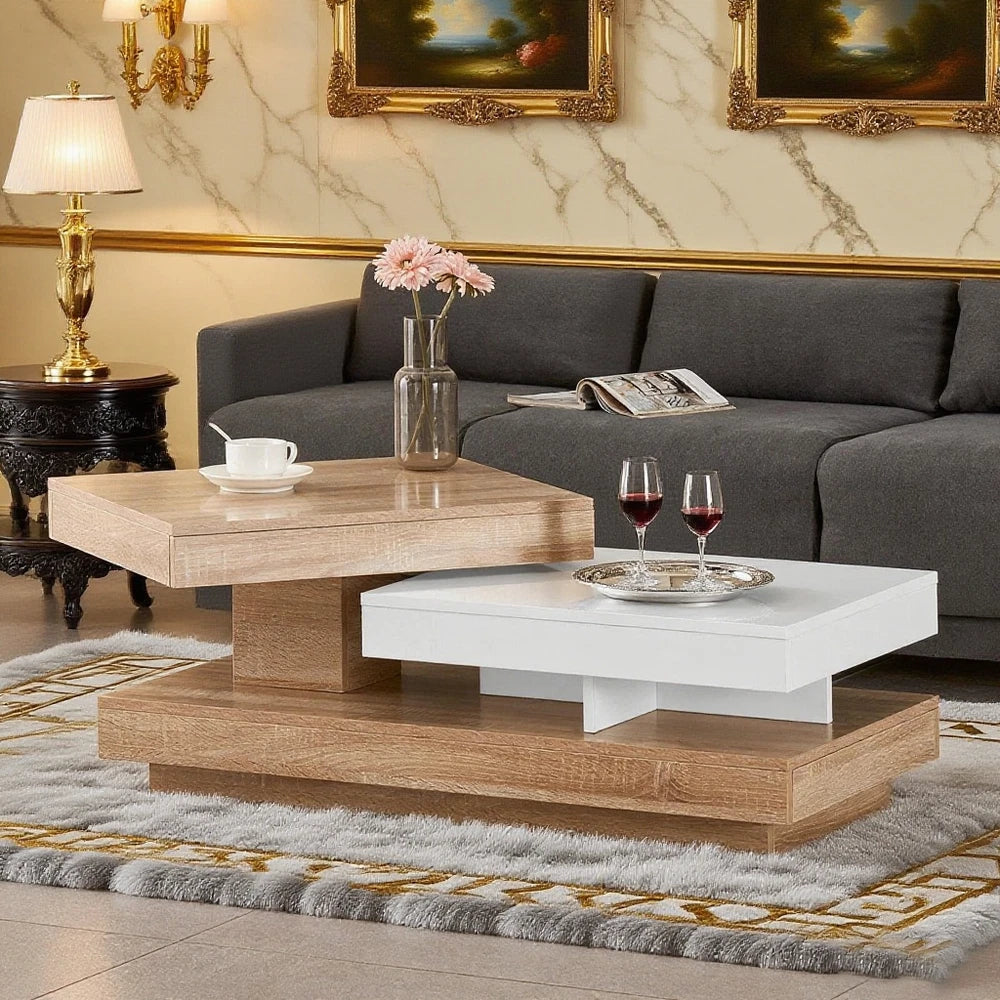 360° Rotating Coffee Table Rectangle w/LED Lights for Living Room