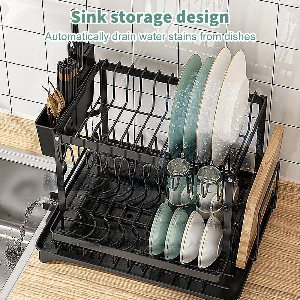 2 Tier Dish Drainer Rack With Drip Tray Kitchen Drying Rack Bowl Plate Holder UK