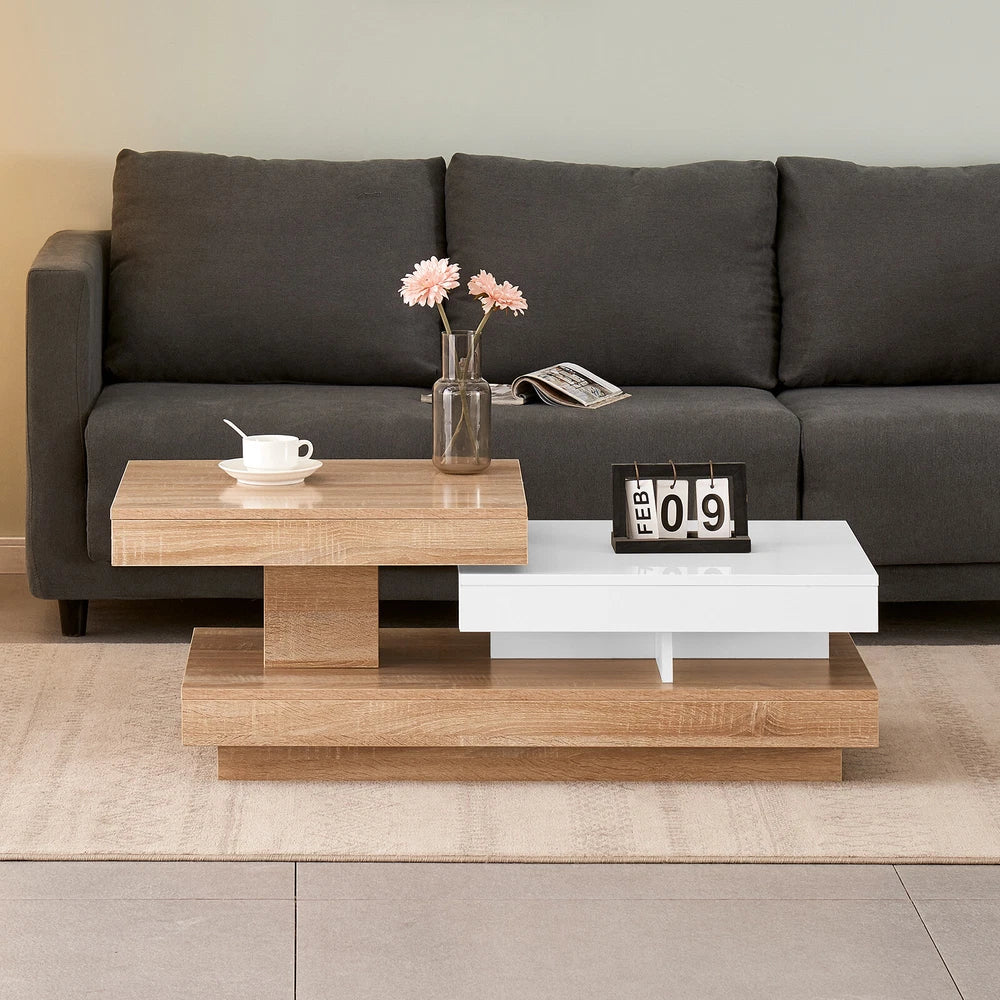 360° Rotating Coffee Table Rectangle w/LED Lights for Living Room