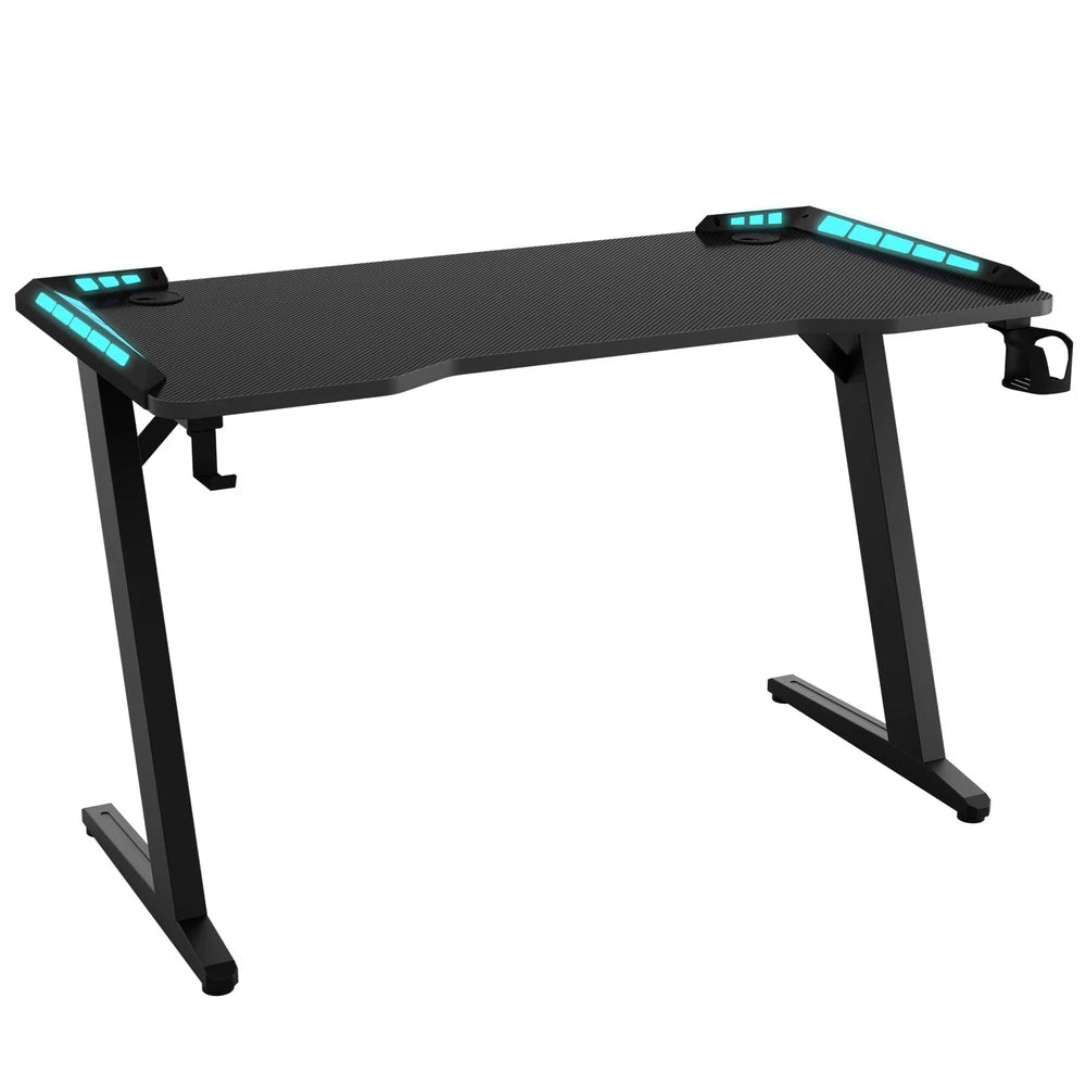 Gaming Desk LED RGB Computer Table Workstation w/ Cup Holder & Headphone Hook