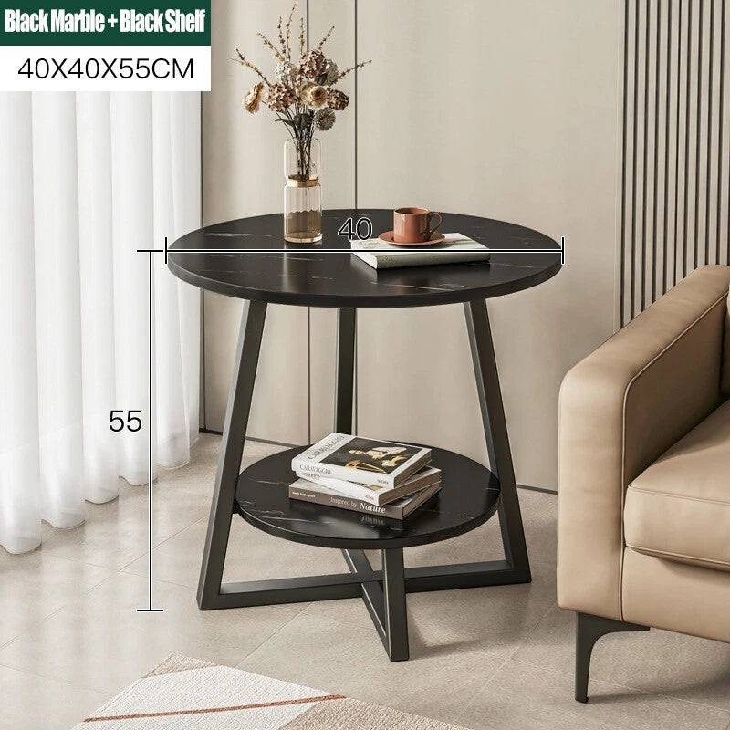 2-Tier Coffee Table Side Table White Marble Effect End Table LivingRoom Round