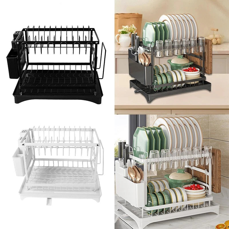 2 TIER KITCHEN SINK DISH DRAINER RACK WITH DRIP TRAY CUTLERY HOLDER PLATE RACK