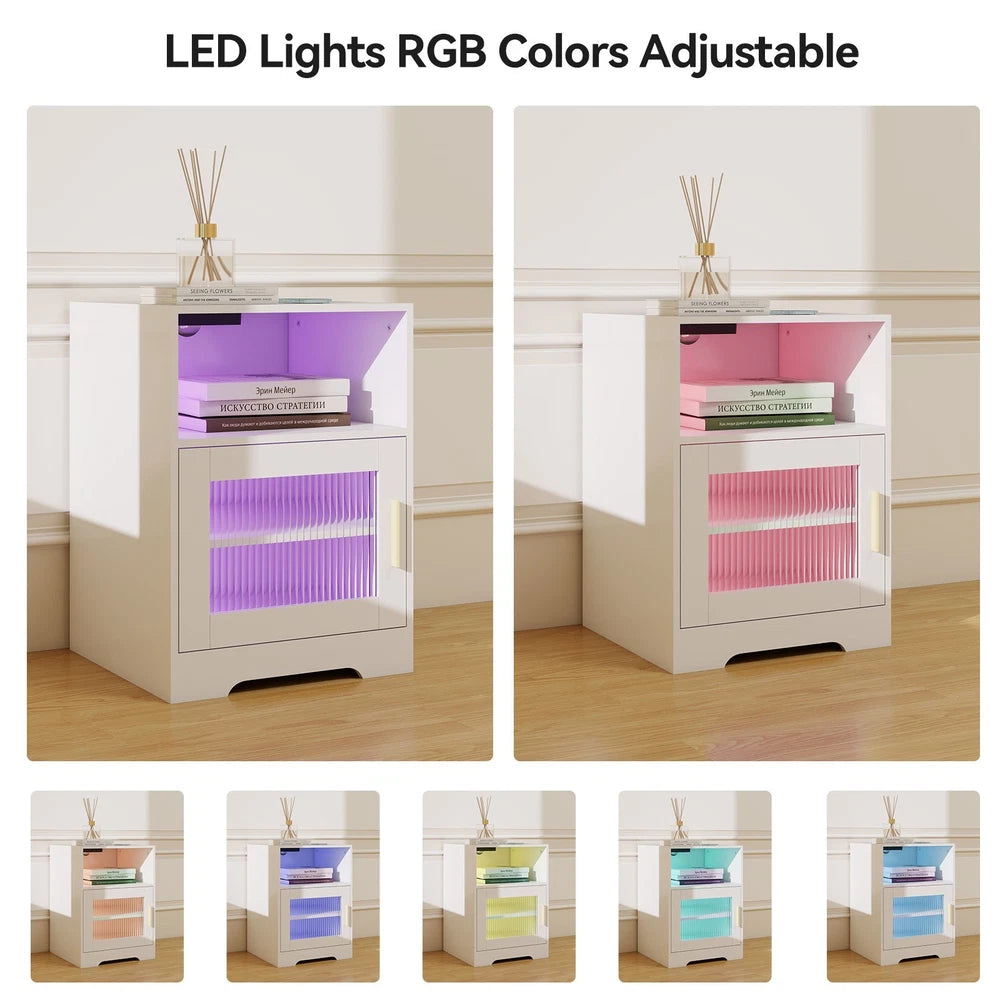 Bedside Table RGB LED 4 Tier Storage Cabinet Nightstand with Charging Station