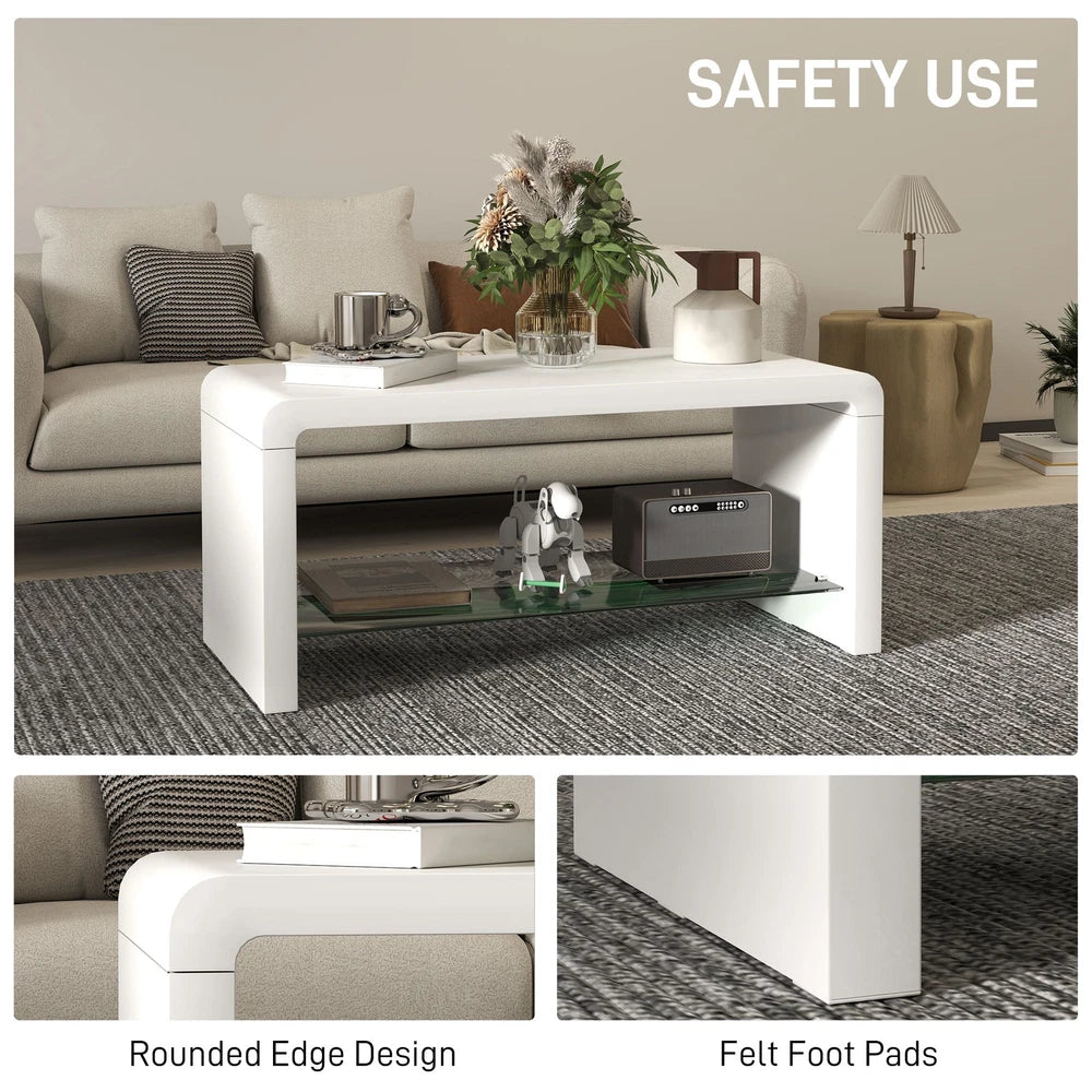High Gloss Coffee Table with Glass Shelf, Two-Tier Living Room Table, White