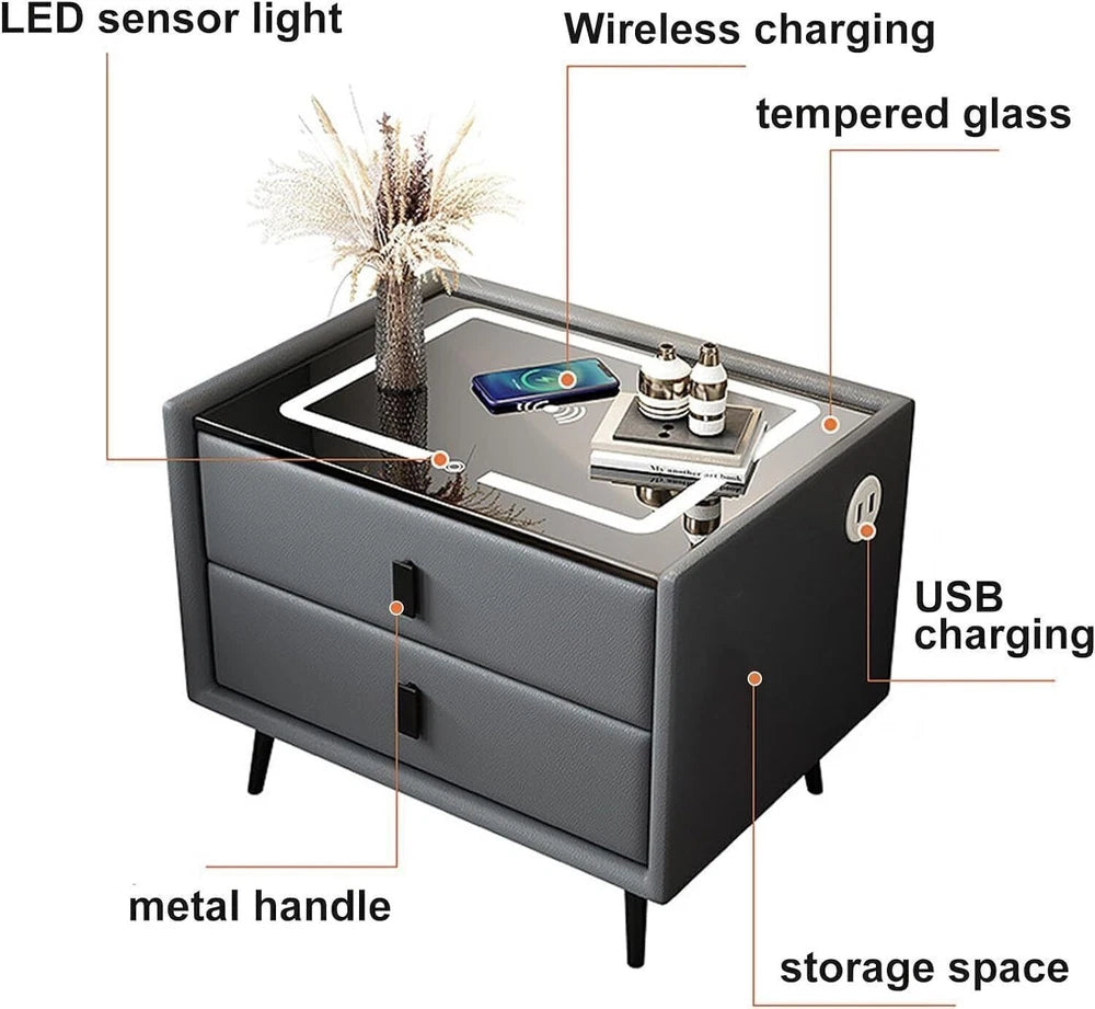 Smart Bedside Table with Light Phone Charging Modern Bedroom Furniture Drawers