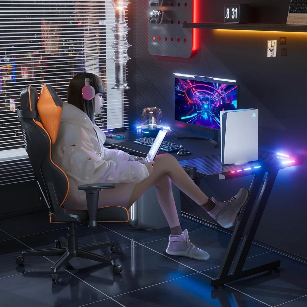 LED Gaming Desk with Power Outlets and Monitor Stand 100 x 60cm Black