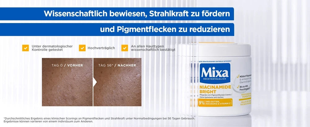 Mixa Brightening Face/Body Cream, Niacinamide, Anti-Pigment, Reduces dark spots