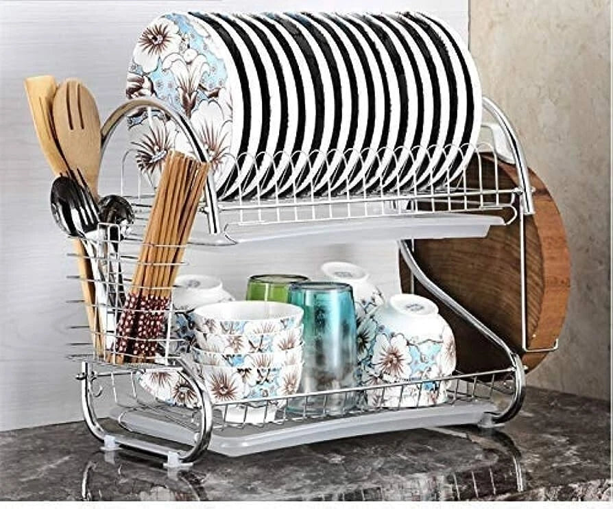 2 Tier Dish Drainer Rack with Drip Tray Plate Rack Kitchen Sink Cutlery Holder