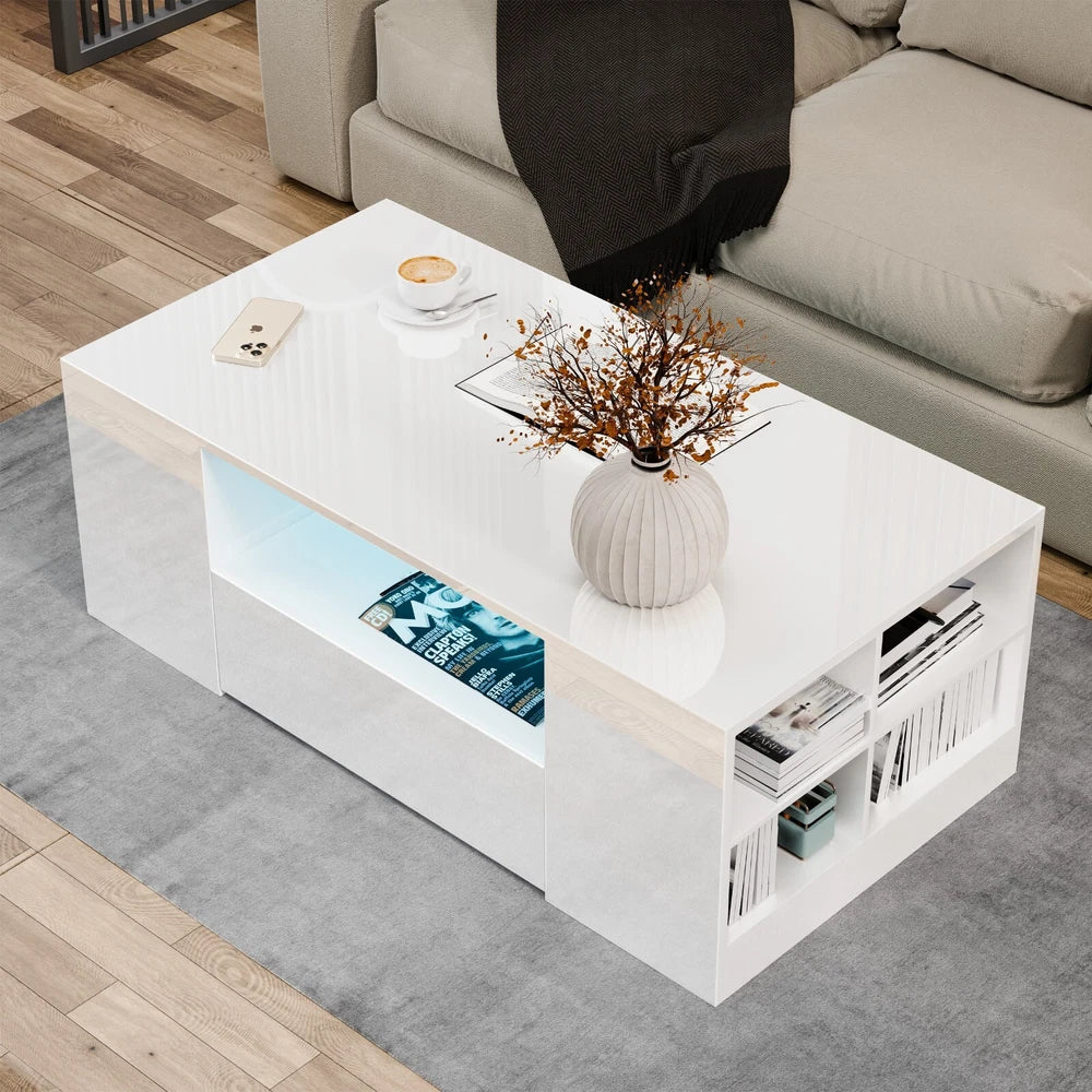 LED Coffee Table Wooden 2 Drawer Storage High Gloss Modern Living Room Furniture