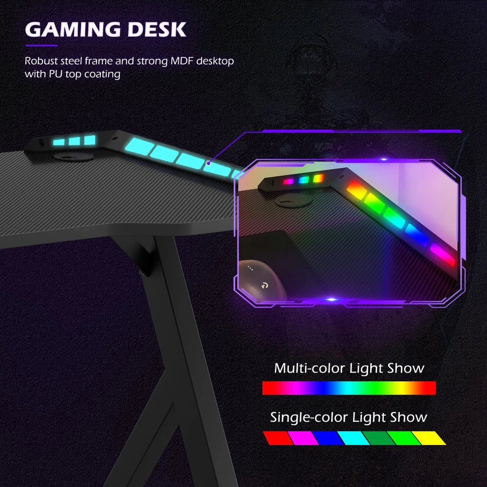 Gaming Desk LED RGB Computer Table Workstation with Cup Holder & Headphone Hook