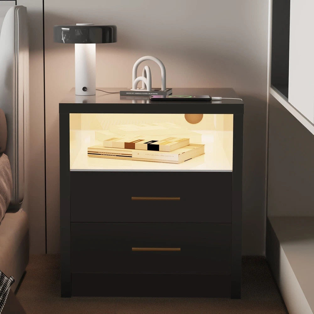 2/3 Drawers High Gloss Front Bedside Table Cabinet LED Nightstand With Charging