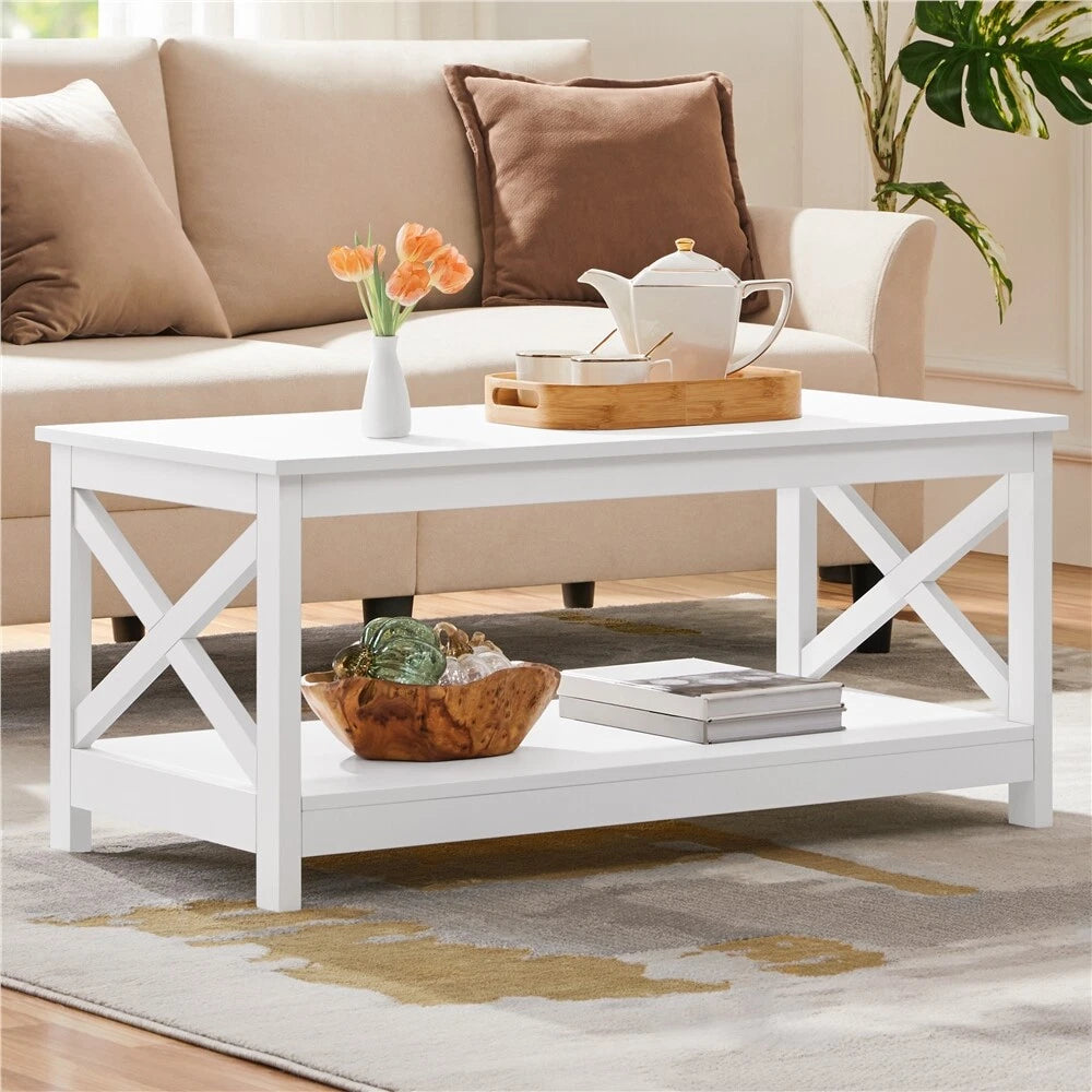 2-Tier Coffee Table with Storage Shelf Modern Center Tea Table for Living Room