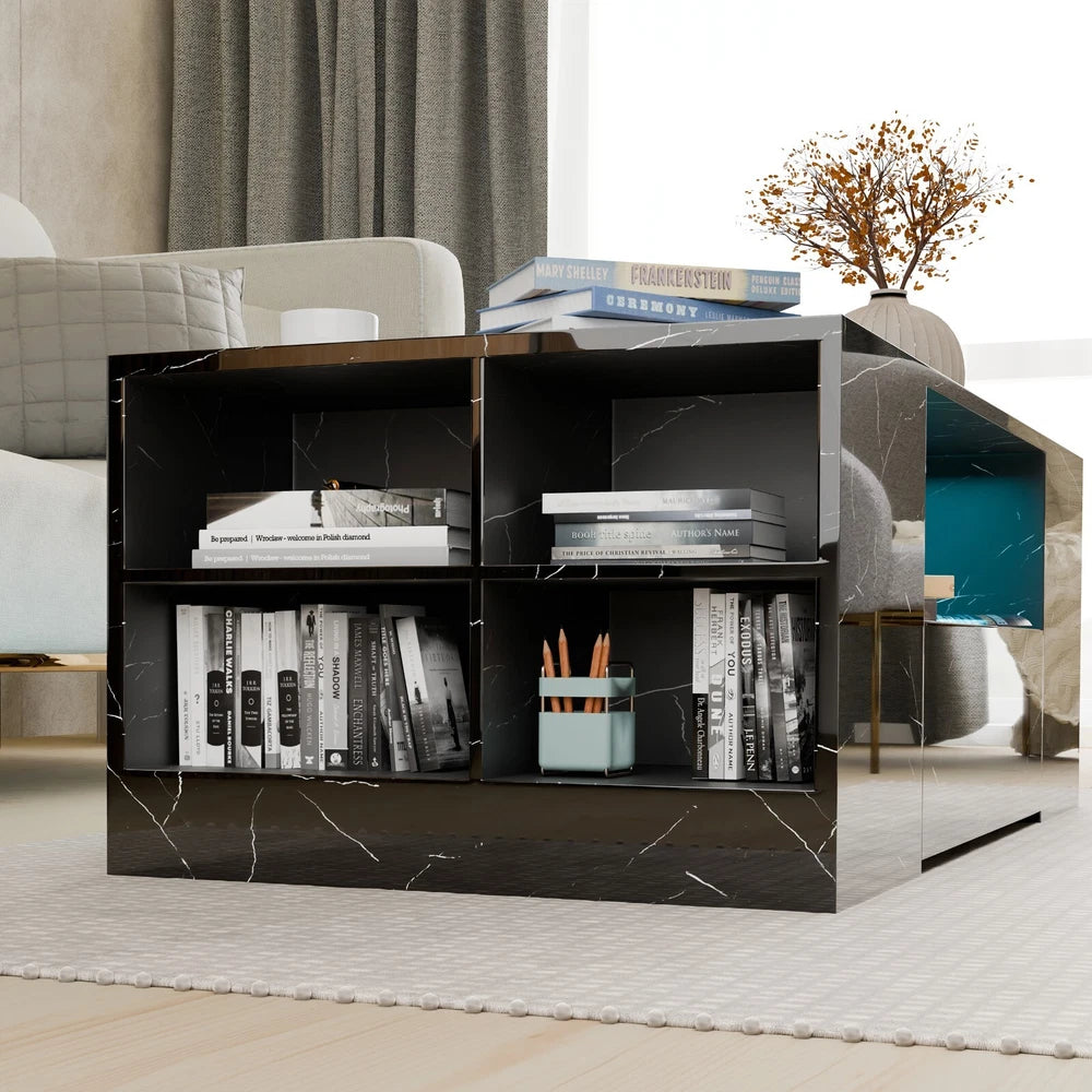 LED Coffee Table Wooden 2 Drawer Storage High Gloss Modern Living Room Furniture