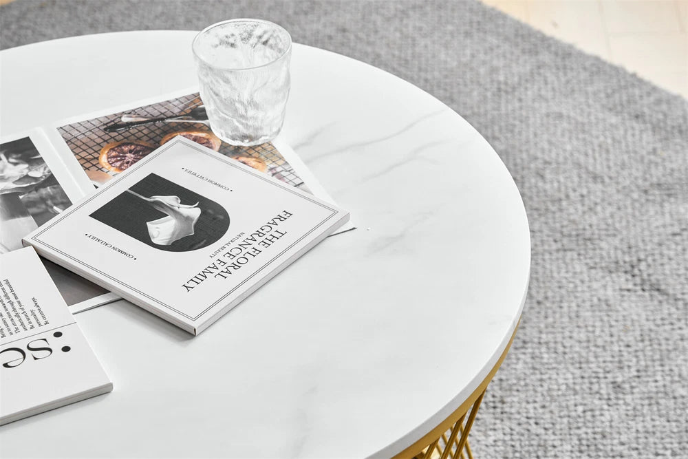 Nesting Coffee Table Set of 2 Living Room Marble Look Side End Table with Drawer