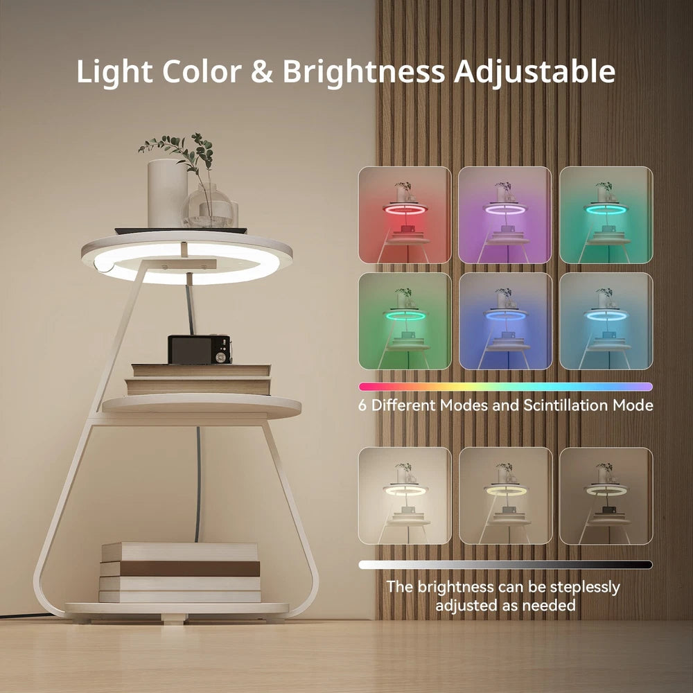 3-Tier Sofa Side Table LED Lighted Bedside Living Room End Table with Storage