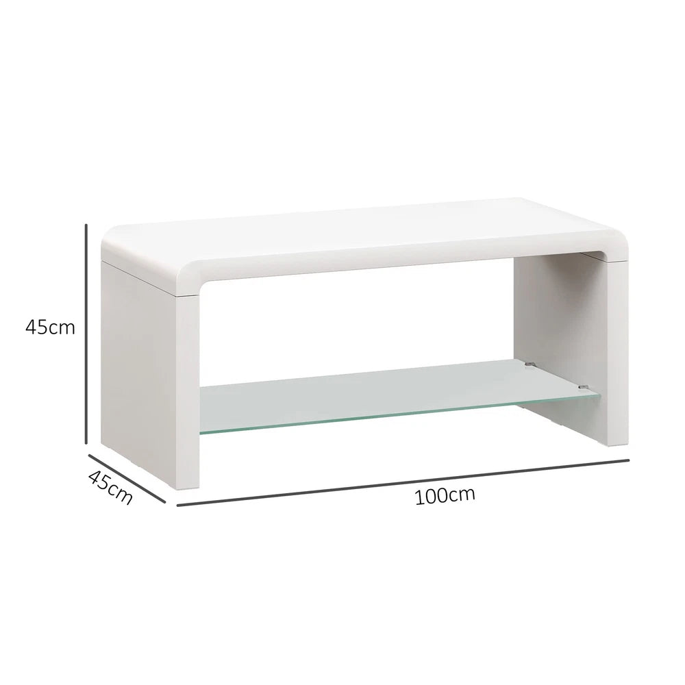 High Gloss Coffee Table with Glass Shelf, Two-Tier Living Room Table, White