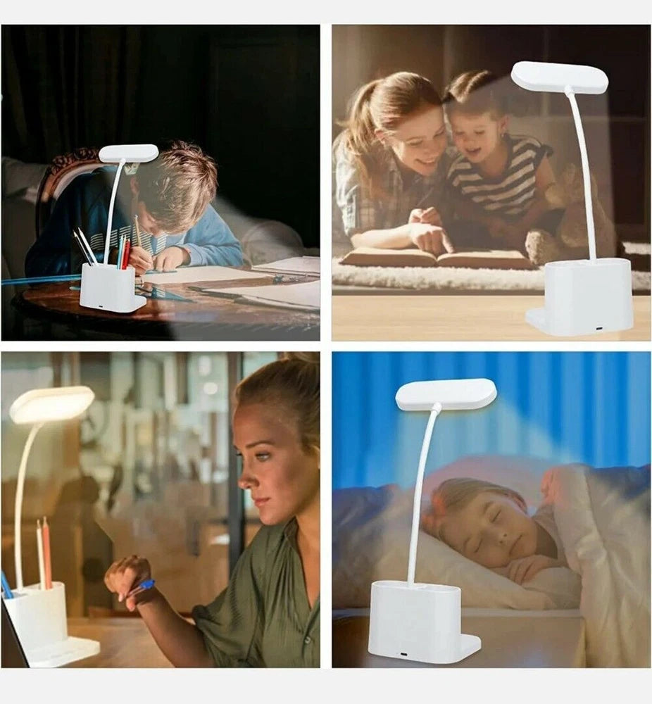 LED Desk Lamp Pen Phone Holder USB Rechargeable Bedroom Reading Light Dimmable