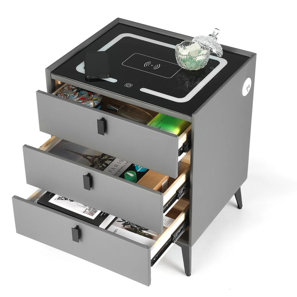 3 Drawers LED Bedside Table Wireless Charging Nightstand Bedside Cabinet Grey
