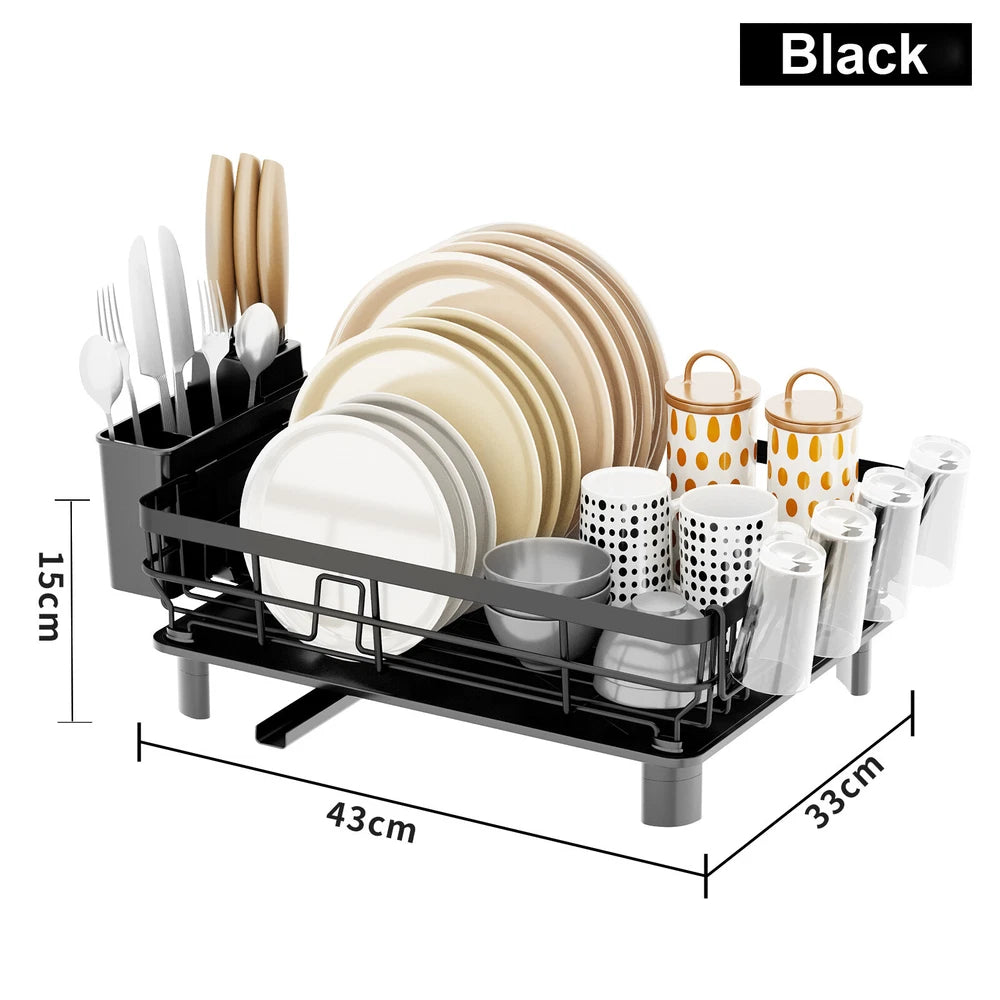 Kitchen Dish Drainer Plate Drying Rack with Drip Tray Cup Cutlery Utensil Holder