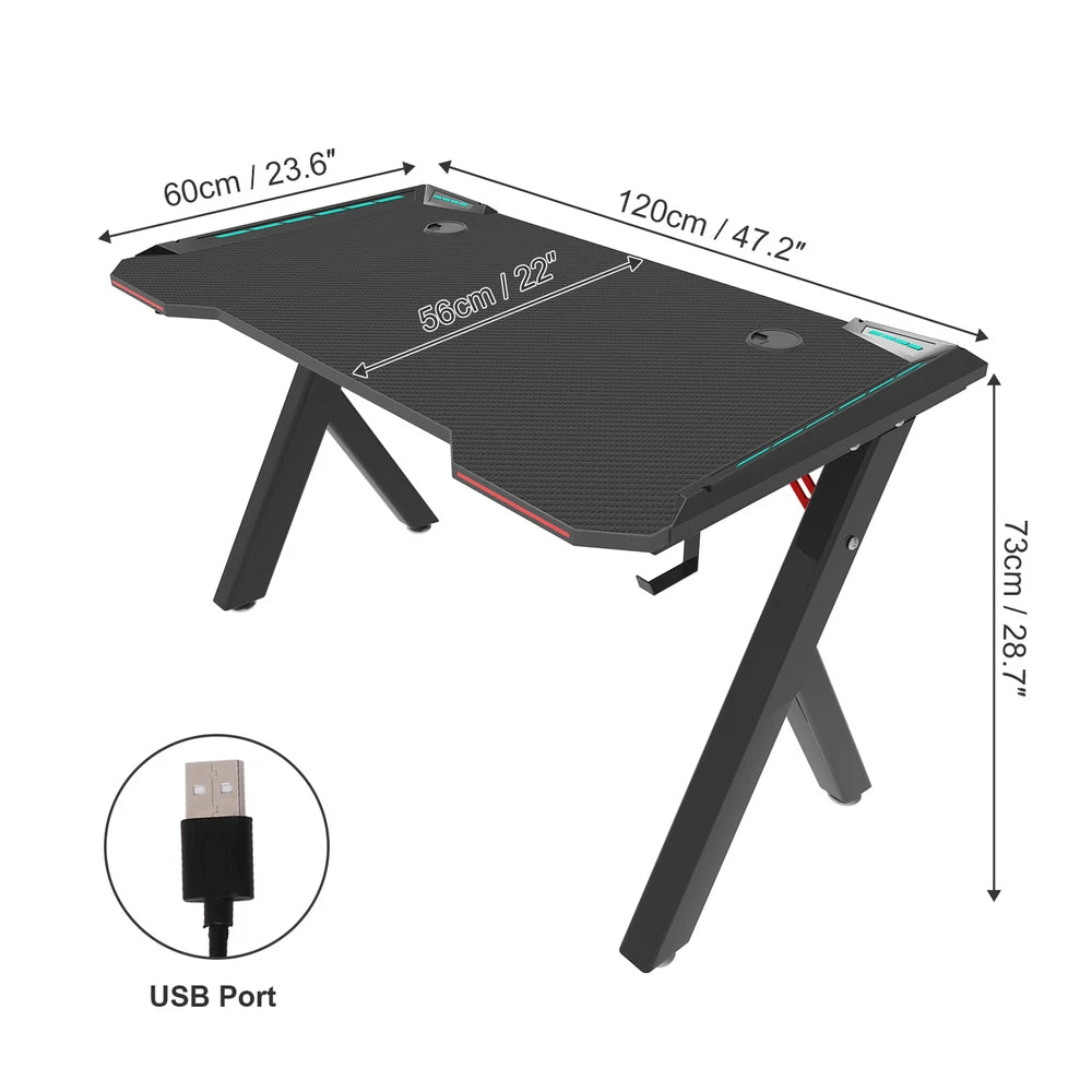XXL Gaming Desk RGB LED Computer Racing Table Carbon Fiber PC Gamer Workstation