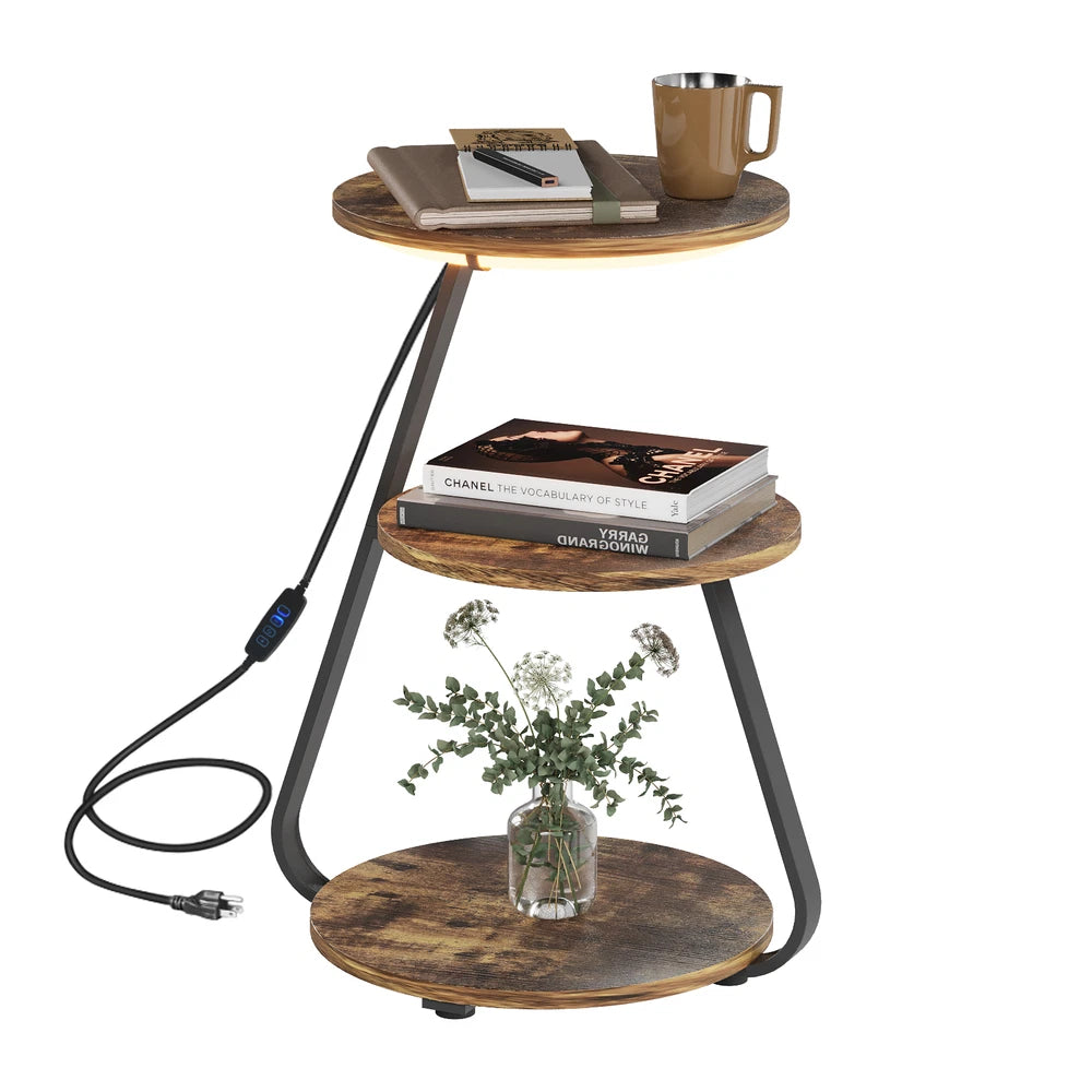 3-Tier Sofa Side Table LED Lighted Bedside Living Room End Table with Storage