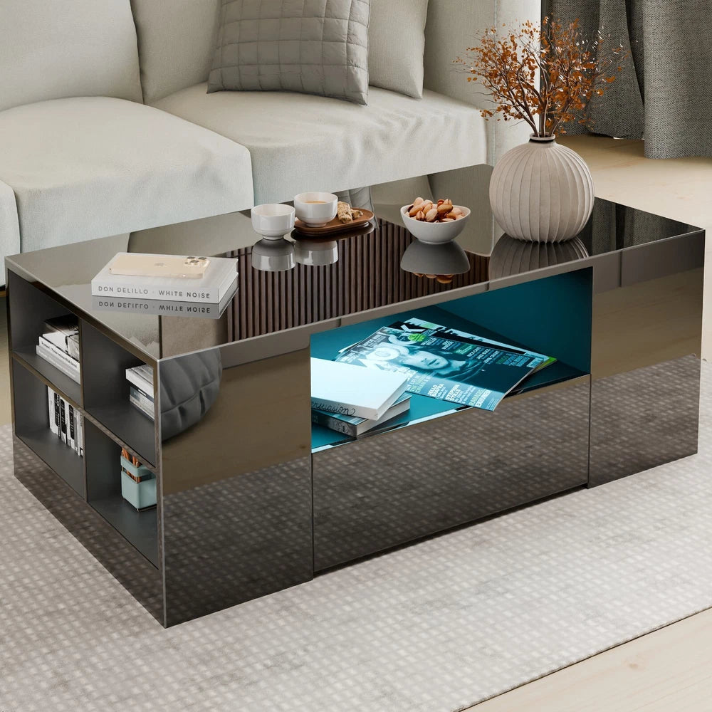 LED Coffee Table Wooden 2 Drawer Storage High Gloss Modern Living Room Furniture