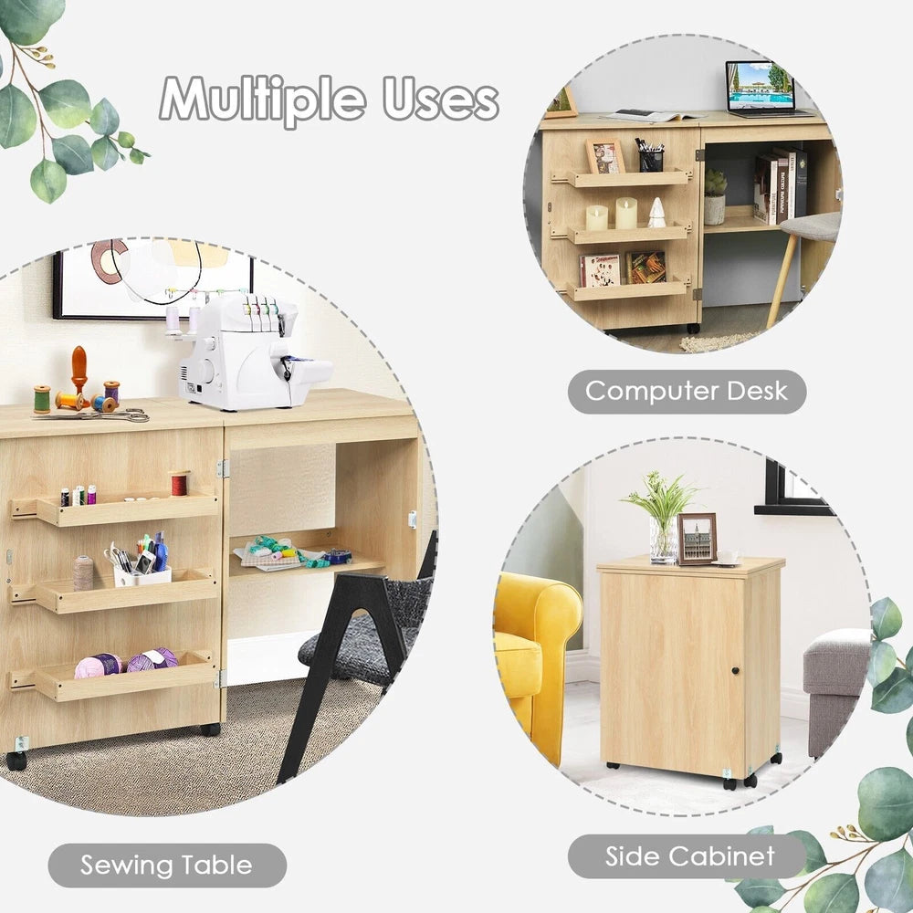 Folding Sewing Table 2 IN 1 Rolling Craft Table Office Desk Workstation