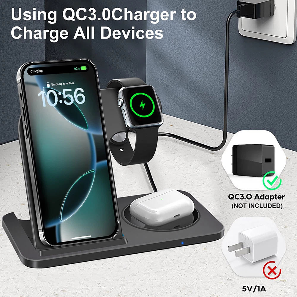 3in1 15W Fast Wireless Charger Dock Charging Station For Apple Watch 9 iPhone 16