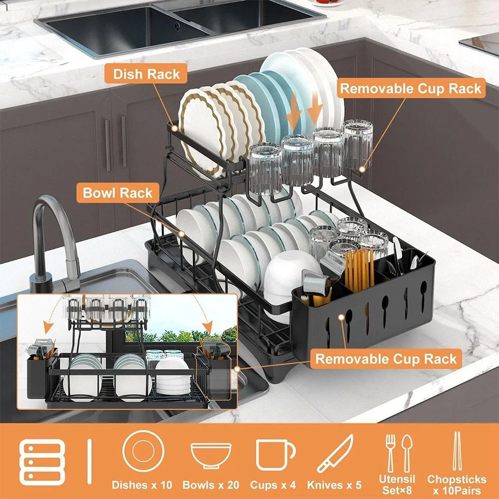 2 TIER KITCHEN SINK DISH DRAINER RACK WITH DRIP TRAY CUTLERY HOLDER PLATE RACK