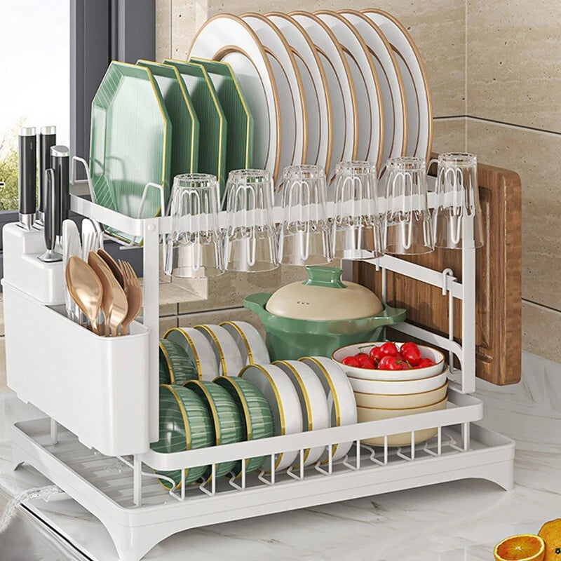 2 TIER KITCHEN SINK DISH DRAINER RACK WITH DRIP TRAY CUTLERY HOLDER PLATE RACK