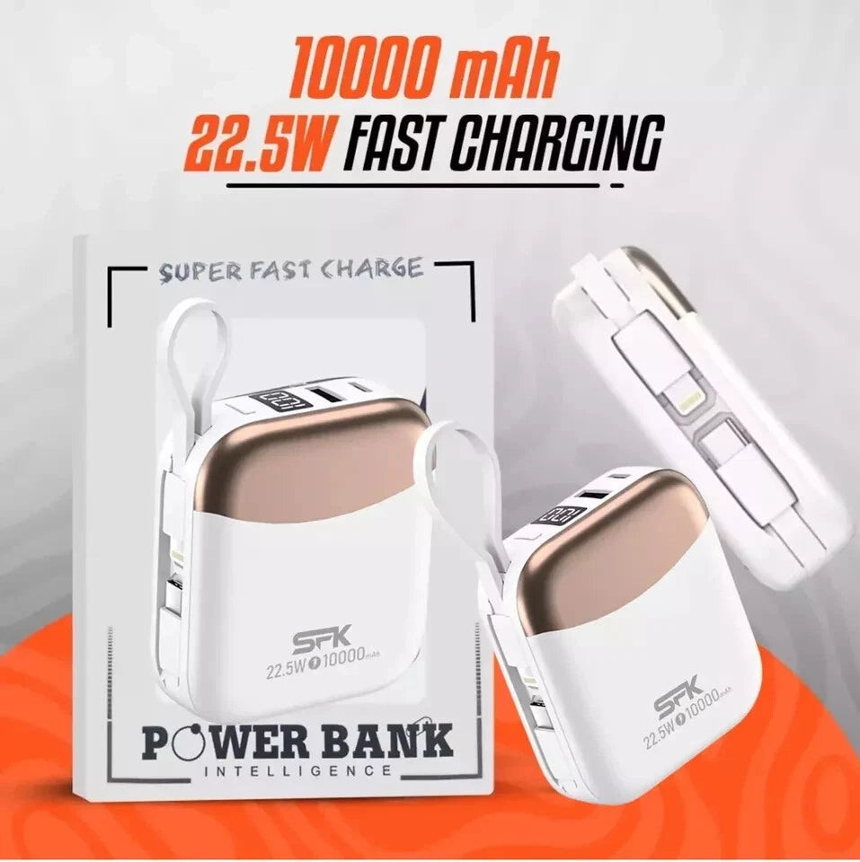 Mini portable Power Bank 10000mAh Charger Built-In USB-C Cable Fast Charge UK